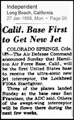 "Calif. Base First to Get New Jet"; Independent; Long Beach, California; Monday, January 27, 1958; Page 20.