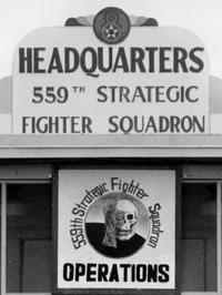 Headquarters Sign and Squadron Emblem, 559th Strategic Fighter Squadron, 12th Strategic Fighter Wing, Strategic Air Command, Bergstrom Air Force Base, Austin, Texas