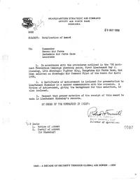 Notification of Award dated May 29, 1956; Air Force Pilot of Month (April 1956) Award; 1/Lt. Roy J. Blakeley; 559th Strategic Fighter Squadron, 12th Strategic Fighter Wing, Strategic Air Command, Bergstrom Air Force Base, Austin, Texas