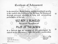 Air Force Pilot of the Month Certificate of Achievement (April 1956); 1/Lt. Roy J. Blakeley; 559th Strategic Fighter Squadron, 12th Strategic Fighter Wing, Strategic Air Command, Bergstrom Air Force Base, Austin, Texas