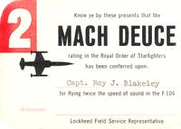Mach Deuce Card Rating (Royal Order of Starfighters #1120); Captain Roy J. Blakeley; issued by Edwards Air Force Base, California