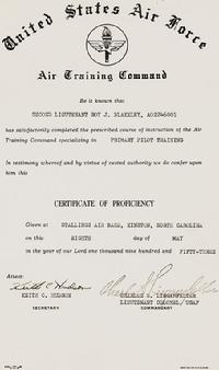 2nd Lt. Roy J. Blakeley; Proficiency Training Certificate (May 8, 1953), Stallings Air Base, Kingston, North Carolina