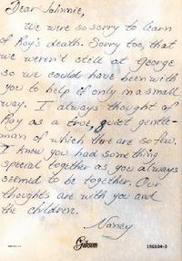 Letter of Condolence; Nancy Tofferi, wife of Captain Charles E. ("Chuck") Tofferi