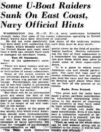News Article: "Some U-Boat Raiders Sunk On East Coast, Navy Official Hints"; The St. Louis Star and Times; St. Louis, Missouri; 23 Jan 1942, Fri; Page 1.