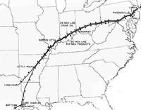 Route of "Big Inch" and "Little Big Inch" pipelines for carrying oil from East Texas oilfields to the New York City - Philadelphia oil district of the U.S. eastern Atlantic coast, a distance of almost 1,400 miles.
