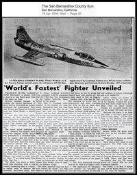 "'World's Fastest' Fighter Unveiled"; The San Bernardino County Sun; San Bernardino, California; Wednesday, April 18, 1956; Page 20.
