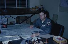 Captain Roy J. Blakeley flight planning; 492nd Tactical Fighter Squadron, 48th Tactical Fighter Wing, Lakenheath Air Force Base, Suffolk, England, United Kingdom