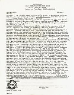 Special Order TA 1100 dated June 22, 1965; Da Nang Air Base; South Vietnam Assignment; Advance Party of the 436th Tactical Fighter Squadron; 479th Tactical Fighter Wing; George Air Force Base; Victorville, CA; Front Page