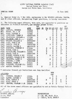 Special Order No. 7 (Precursor to Da Nang, South Vietnam Assignment): 436th Tactical Fighter Squadron; 479th Tactical Fighter Wing; George Air Force Base; Victorville, CA (June 15, 1965)