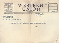 Western Union Telegram from Roy J. Blakeley to his mother, Violet (August 7, 1946)