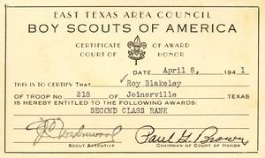 Roy Blakeley; East Texas Area Council - Boy Scouts of America Certificate of Award; Second Class Rank; Troop No. 218, Joinerville, Texas (April 8, 1941)