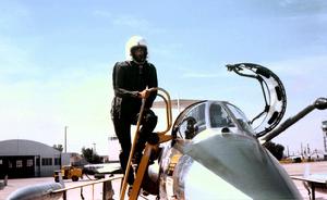 Captain Roy J. Blakeley outfitted with moonsuit helmet and G-suit; Moron Air Base, Spain (TDY: 1962)